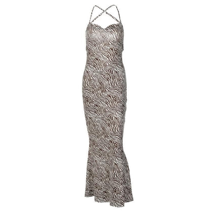 Zebra Print Criss Cross Back Cowl Neck Mermaid Maxi Dress