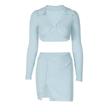 Button knitted solid long sleeve turnover collar mini skirt set-final-sale