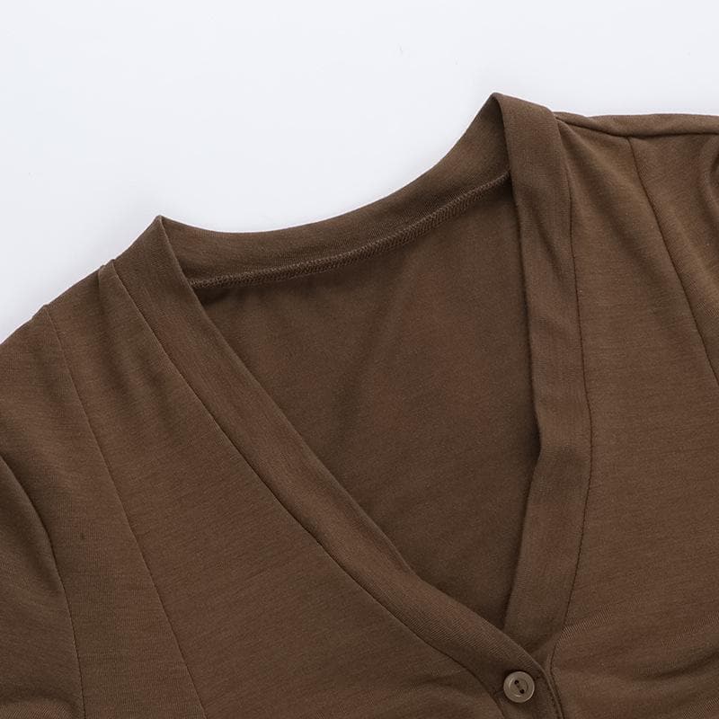 Short sleeve v neck button solid top