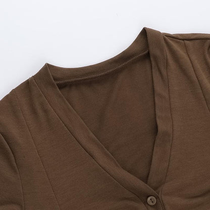 Short sleeve v neck button solid top