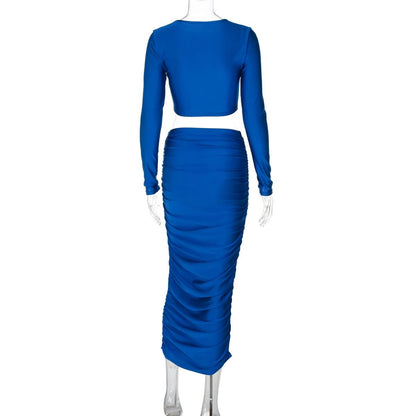 Long sleeve crewneck ruched crop maxi skirt set