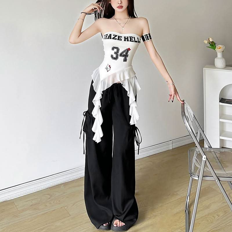 Ruffle letter print irregular backless tube top