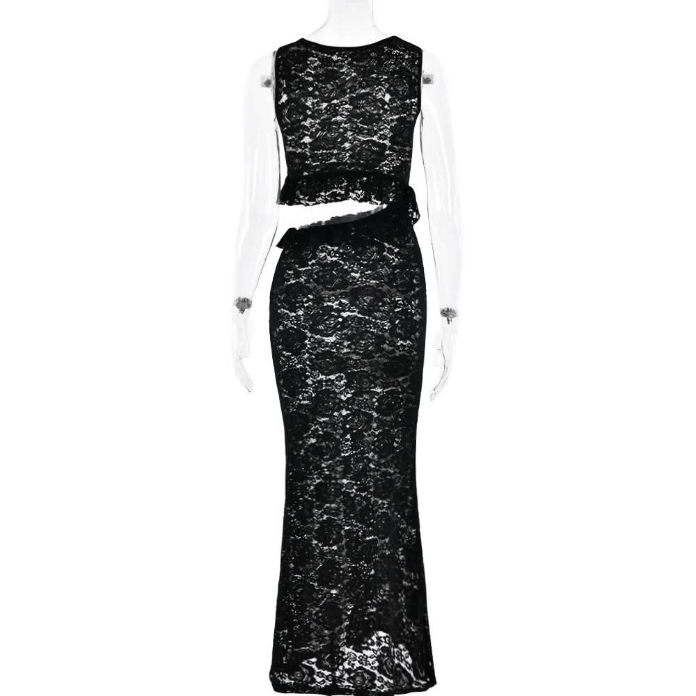 Crewneck hollow out lace ruched see through cut out maxi dress