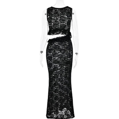 Crewneck hollow out lace ruched see through cut out maxi dress
