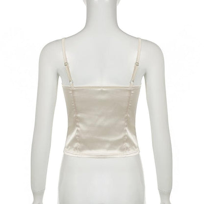 Satin lace hem stitch bustier bowknot solid cami top