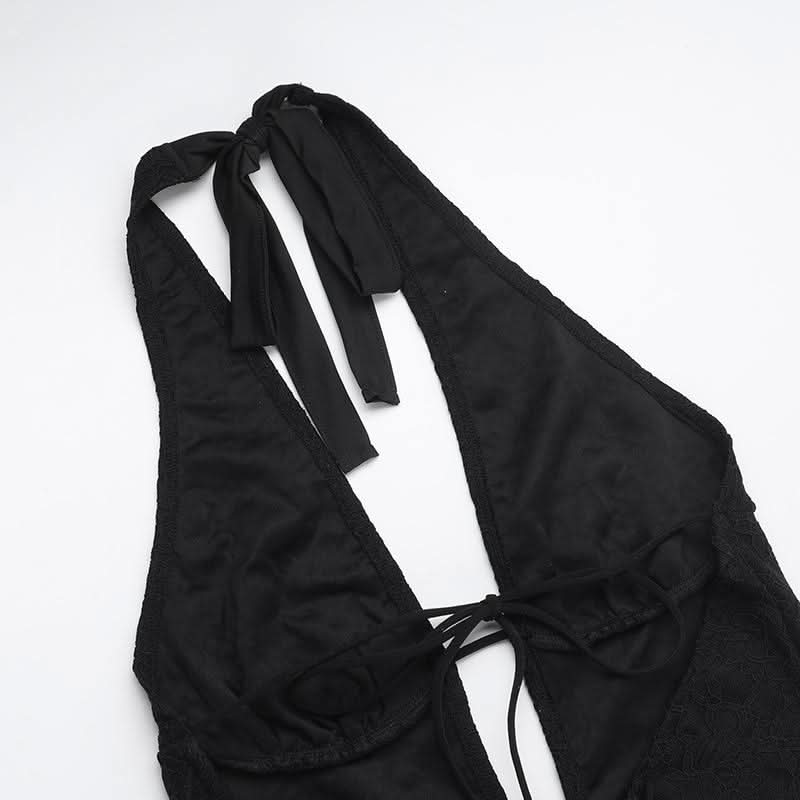 Halter self tie deep V neck lace backless jumpsuit