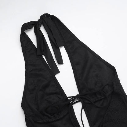 Halter self tie deep V neck lace backless jumpsuit