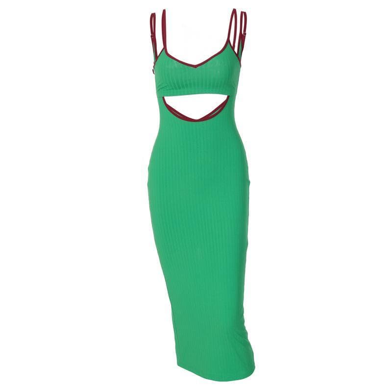 Rib Knit Scoop Neck Double Strap Contrast Trim Hollow Out Midi Dress
