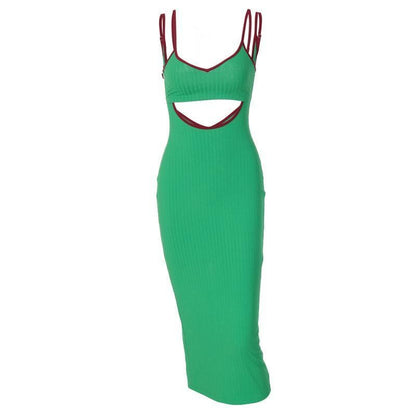 Rib Knit Scoop Neck Double Strap Contrast Trim Hollow Out Midi Dress