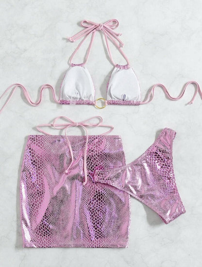 Snakeskin metallic halter o ring self tie mini skirt 3 piece swimwear