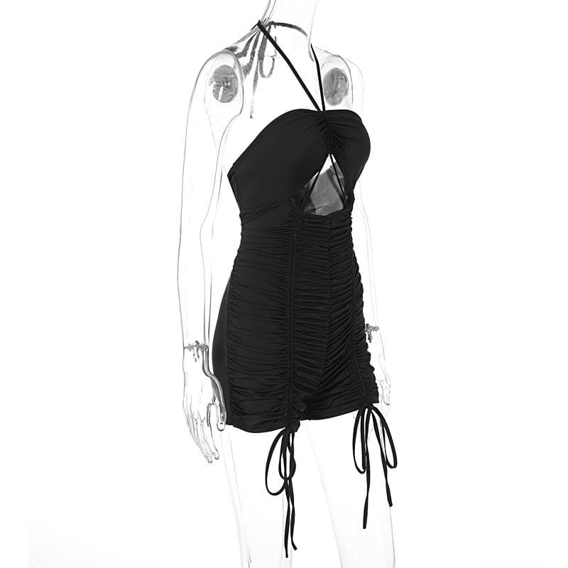 Halter drawstring hollow out ruched romper