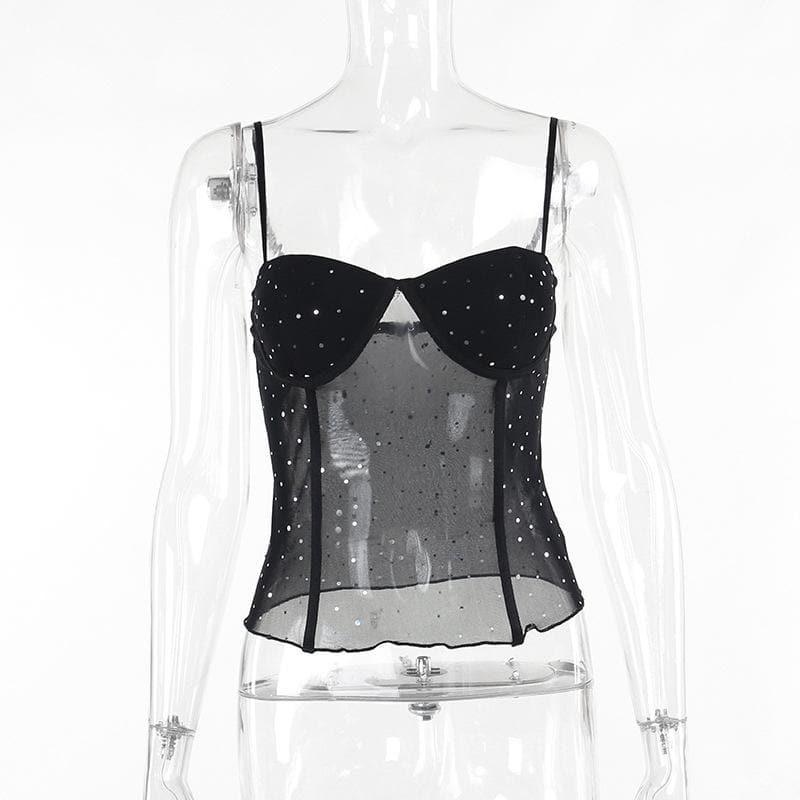 Sweetheart neck ruffle glitter backless stitch mesh cami top