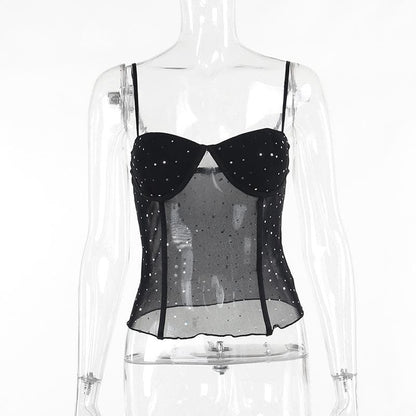 Sweetheart neck ruffle glitter backless stitch mesh cami top