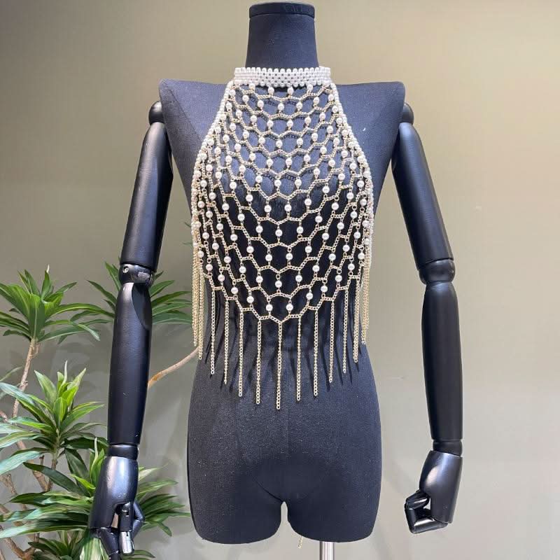 Halter metal chain beaded tassels backless hollow out cut out top