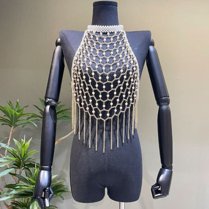 Halter metal chain beaded tassels backless hollow out cut out top