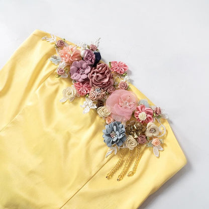 Satin bustier flower applique zip-up tube top
