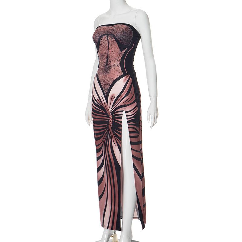 High slit butterfly print tube maxi dress