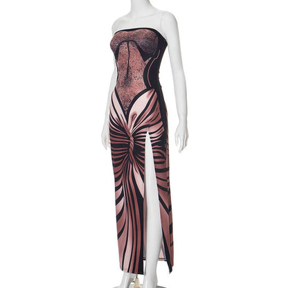 High slit butterfly print tube maxi dress