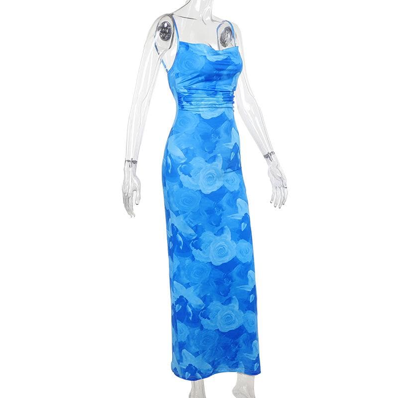 Cowl neck contrast print backless lace up cami maxi dress