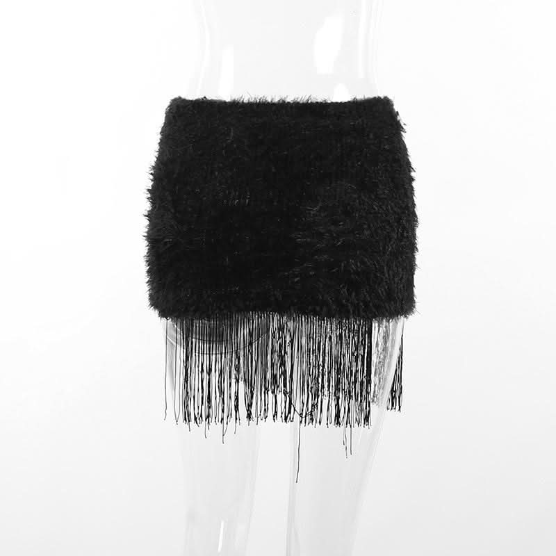 Fluffy cross pendant tassels mini skirt