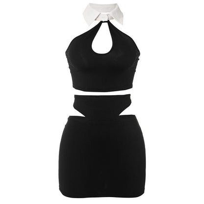 Halter turnover collar hollow out mini skirt set