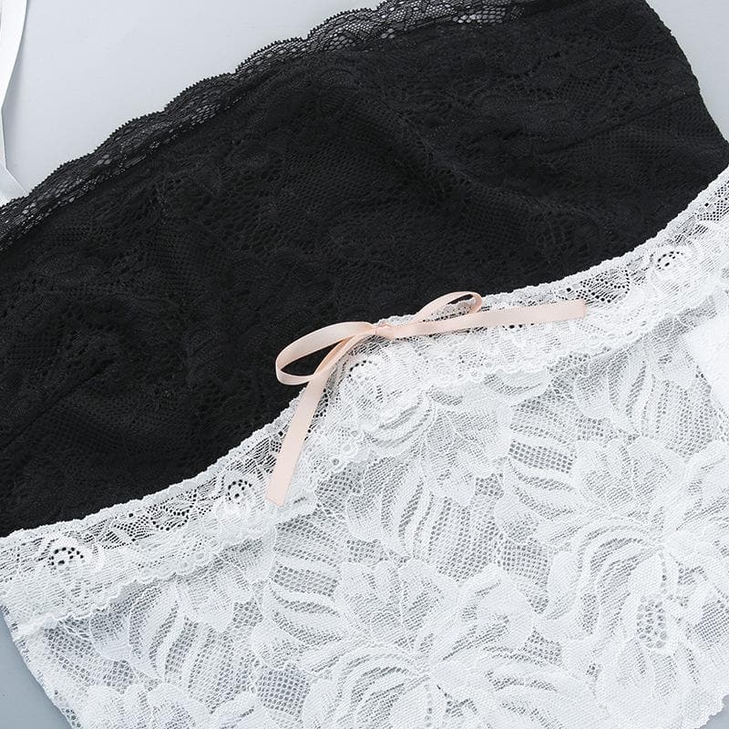 Halter bowknot lace contrast backless see through crop top