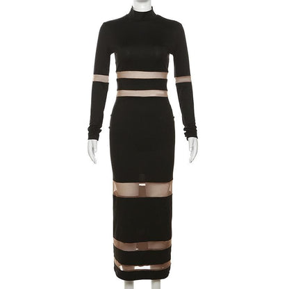 High Neck Mesh Panel Contrast Long Sleeve Bodycon Maxi Dress
