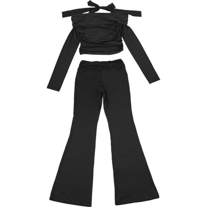 Halter long sleeve off shoulder button ruched pant set