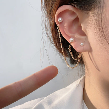 Faux pearl layered metal chain stud earrings