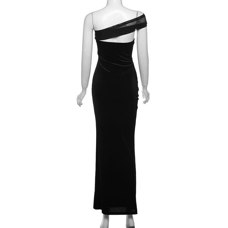 One shoulder irregular hollow out velvet mesh cut out maxi dress