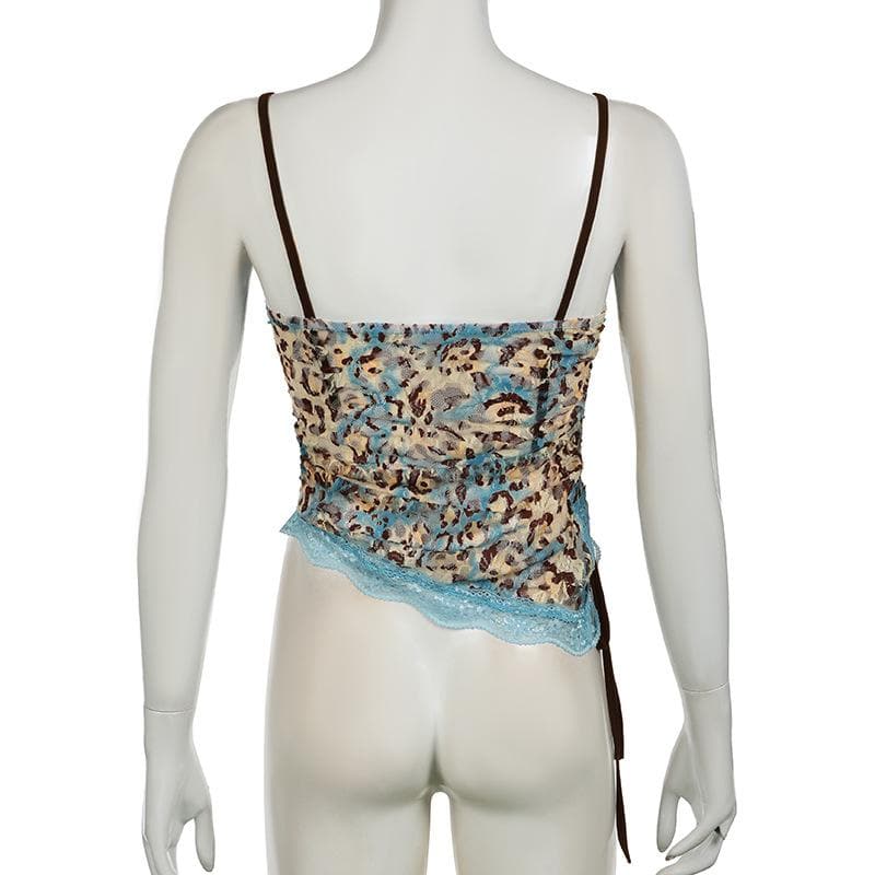 Lace leopard print irregular knotted cami top