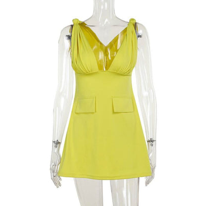 V neck ruched solid cami mini dress