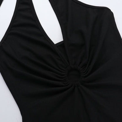 Halter self tie beaded ruched v neck mini dress
