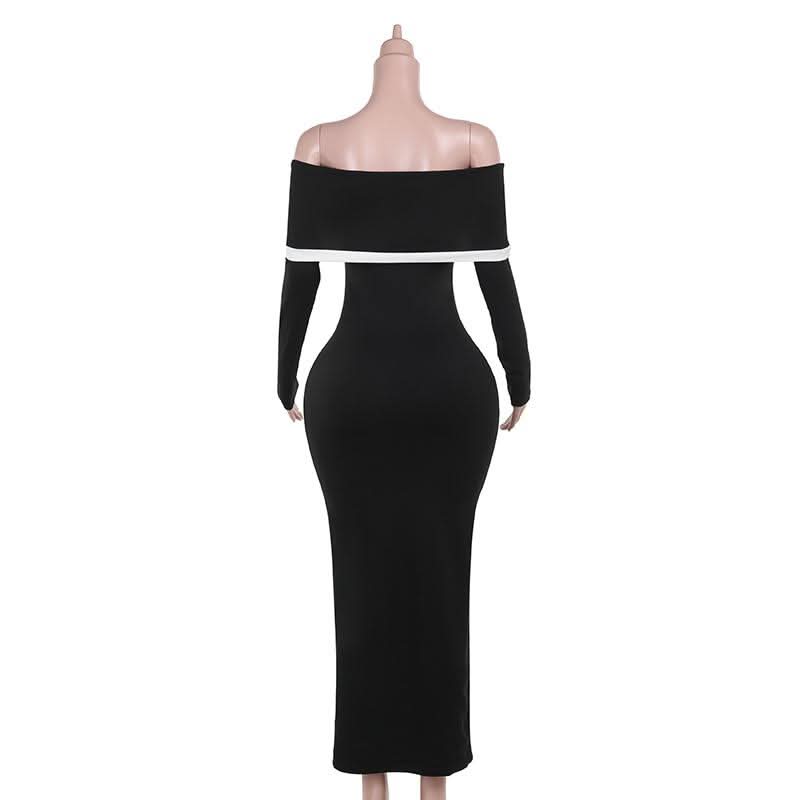 Long sleeve off shoulder contrast backless maxi dress