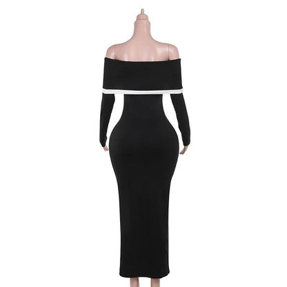 Long sleeve off shoulder contrast backless maxi dress