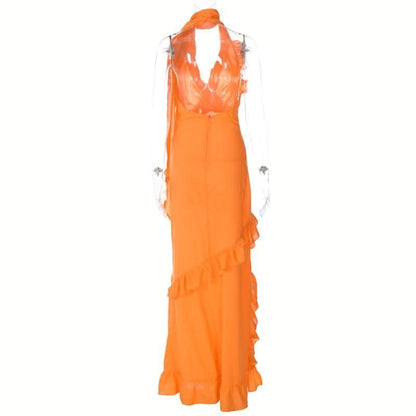 Halter v neck backless ruffle zip-up solid maxi dress-final-sale