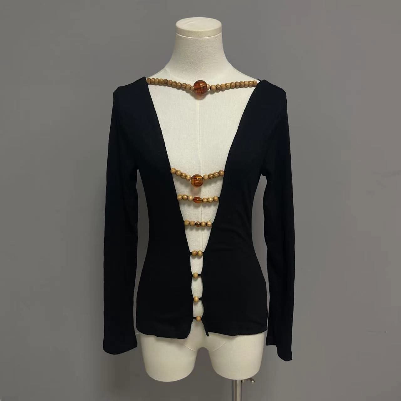Long sleeve hollow out beaded v neck cut out top