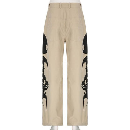 Abstract high rise button pocket contrast straight leg pant