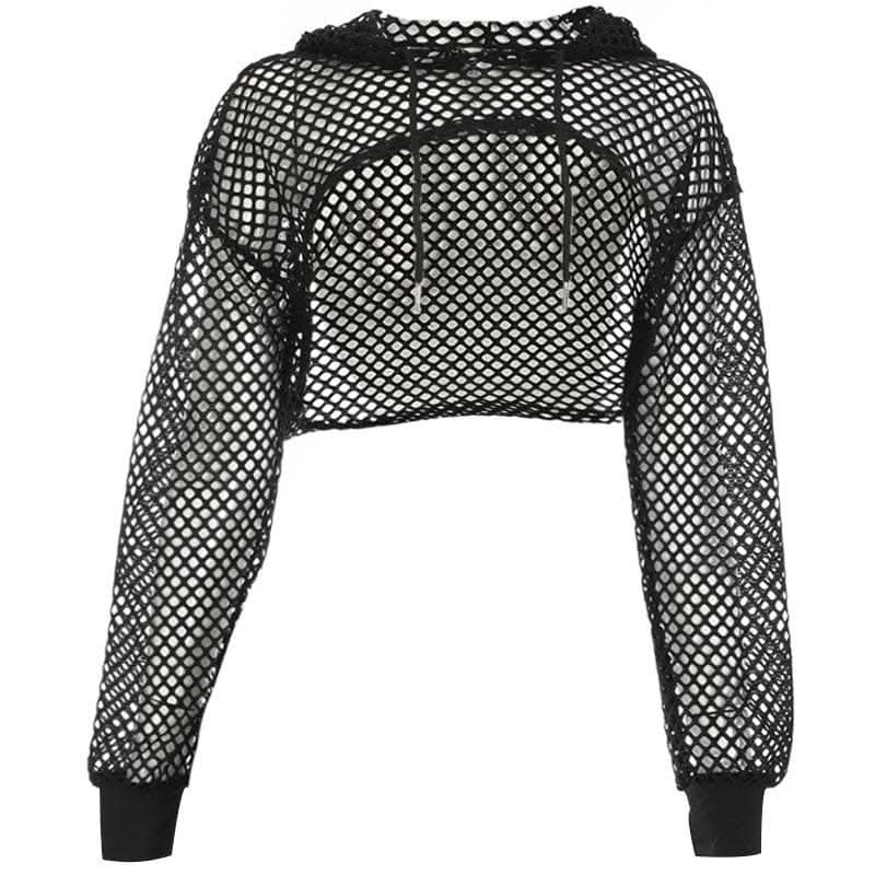Fishnet hollow out solid long sleeve hoodie shrug cut out top-final-sale