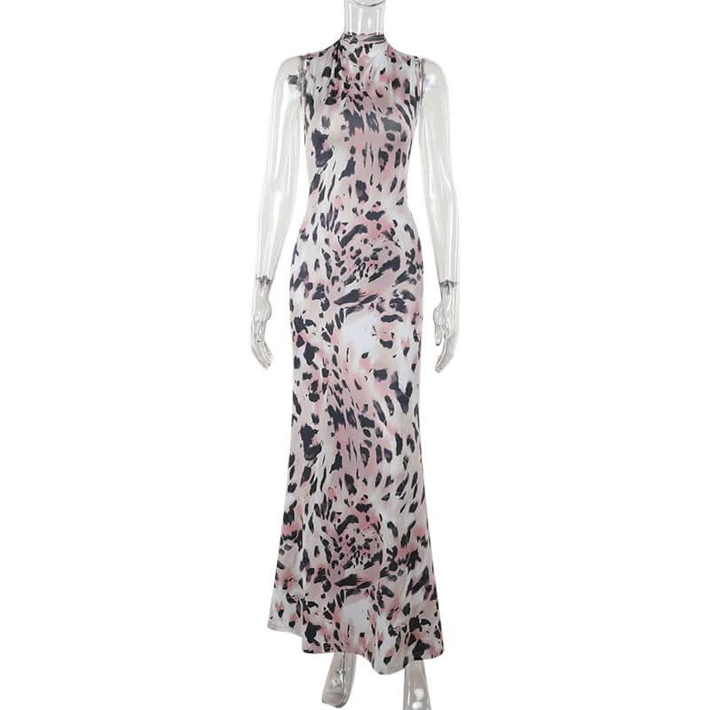 Leopard print high neck backless maxi dress