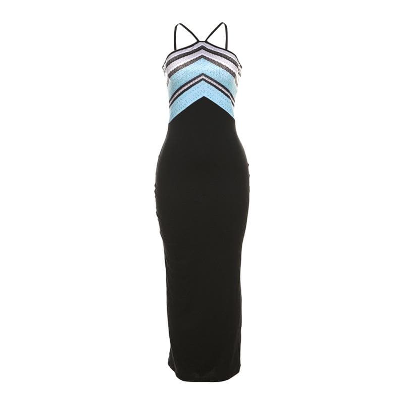 Halter Spaghetti Strap Chevron Print Contrast Bodice Bodycon Maxi Dress