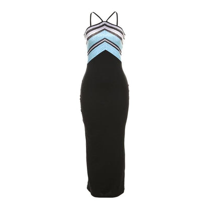 Halter Spaghetti Strap Chevron Print Contrast Bodice Bodycon Maxi Dress