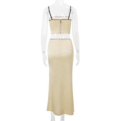 Ruffle knotted zip-up contrast cami maxi skirt set