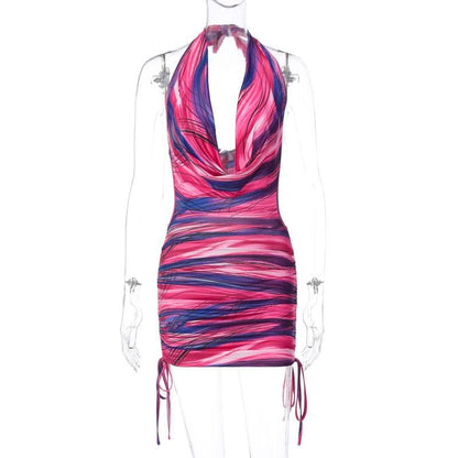 Cowl neck halter contrast drawstring self tie backless mini dress