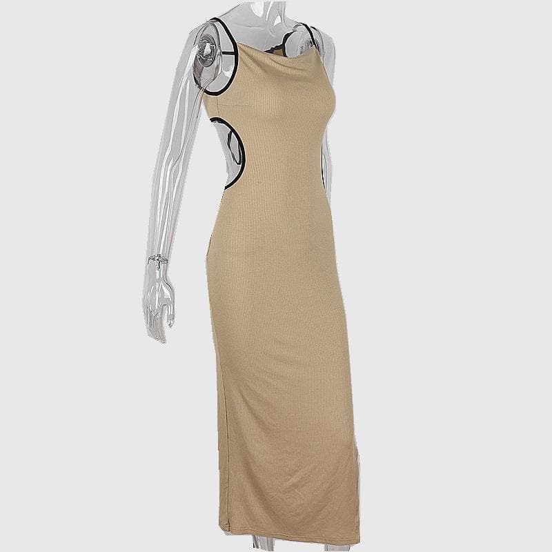 Ribbed contrast hollow out self tie backless slit cami cut out midi dress