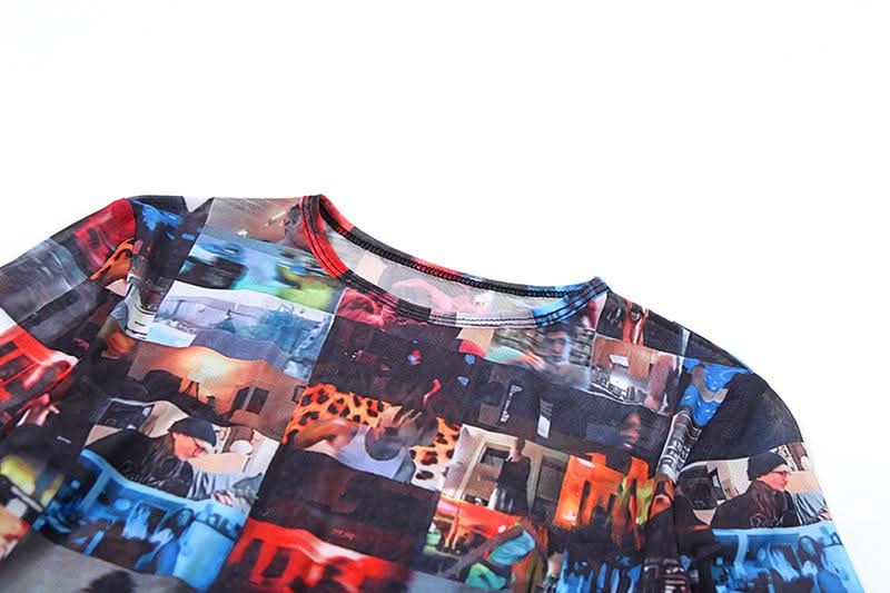 Crewneck long sleeve print stitch mini skirt set