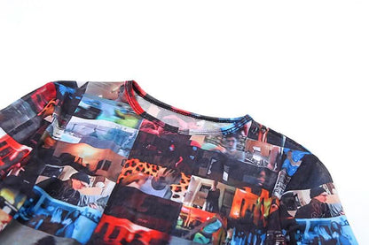 Crewneck long sleeve print stitch mini skirt set