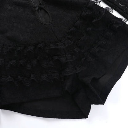 Hollow out zip-up bowknot lace hem long sleeve romper