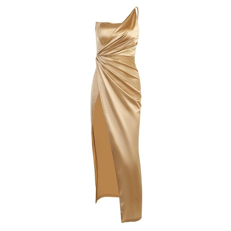 One Shoulder Spaghetti Strap Ruched Side Slit Satin Midi Dress