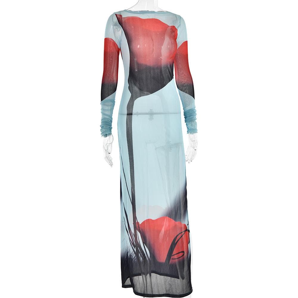 Sheer mesh see through abstract contrast long sleeve slit maxi dress